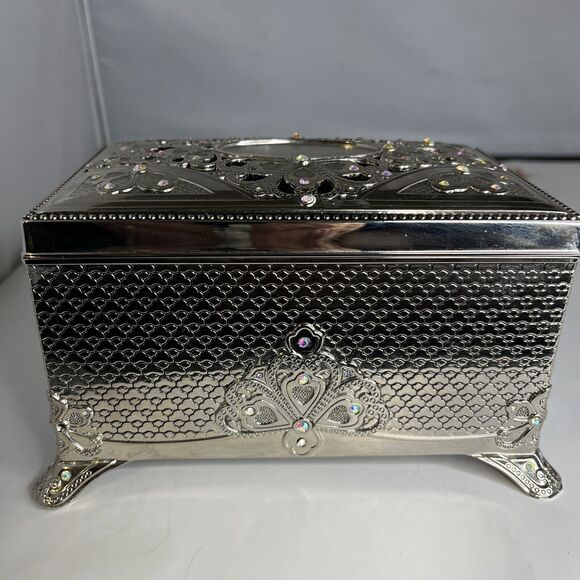Things Remembered Silvertone Metal Music Jewelry Box Swarovski "Unforgettable"